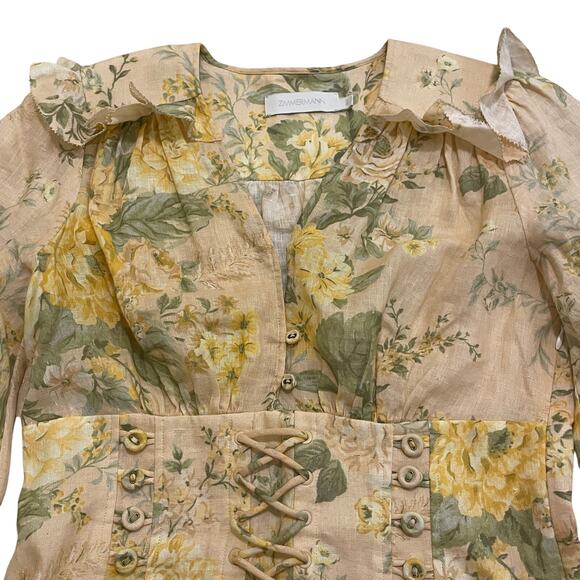 Zimmermann 2 US 6 Amelie Corset Dress | Floral Romantic Feminine Linen Mini $795 - Picture 10 of 14